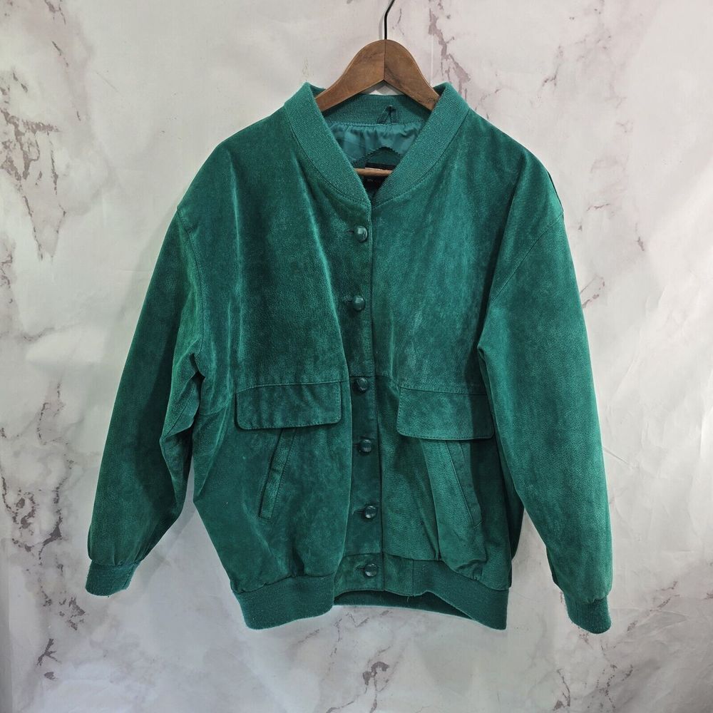 Vintage Leather Jacket Womens Large Men Medium Green 90s 80s Emerald Dark Forest
